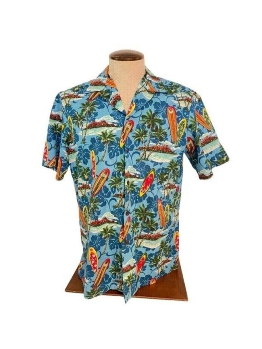 RJC Hawaiian Shirt Surfboards Volcano & Palms Blue Tropical Print Medium